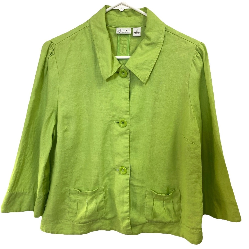 Kim Rogers Womens Y2K Style‎ 100% Linen Lime Green Blazer/ Jacket Sz. M